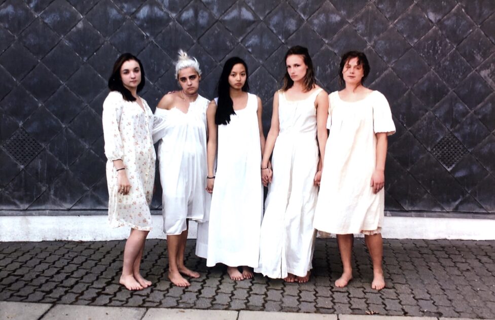 5 people, clothed in white. My Sad Girl Dead Boy Prom Night Pity Party, performers (L-R) Annie Powers, Jules Alice, Emily Luan, Sarae Snyder, & Meredith White.