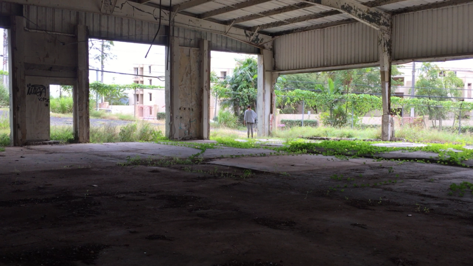 Nicole wears a grey shirt and leggings in an empty corner doorway fixing a tripod with a camera along the perimeter of an abandoned warehouse. The shadowy industrial setting is punctuated by green grass growing through the cracks in the concrete floor and in the vines covering an iron fence in the background. Photo courtesy of the artist.