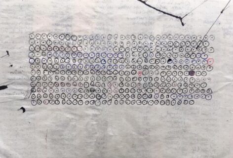 A rectangular cluster of small black dots populate an ink-spattered page. Circles in black, red, and pencil surround each small black dot. Text on the opposite side of the page bleeds through.
