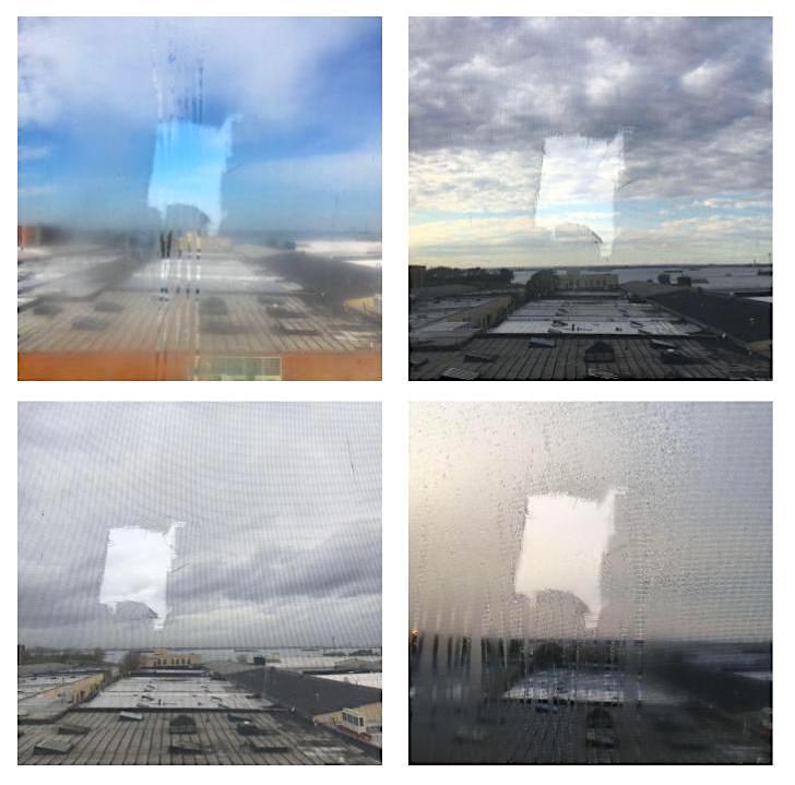 A white border surrounds and delineates four square images depicting the view from a window overlooking a series of rooftops. Image courtesy of the artist.