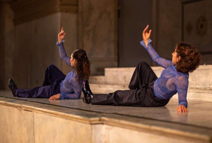 Nasa4nasa, two Egyptian performers at Movement Research at the Judson Church. They both wear matching purple tops and black bottoms. Photo by Rachel Keane