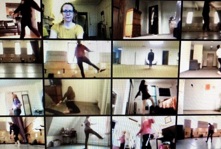 Sixteen squares are seen on a video Zoom screen with people in each of them, in various places inside the square. The people inside are dancing. Julie Mayo is looking on/into the Zoom class, so her face is closer up to the screen. Photo Courtesy of the artist.