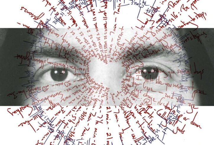 In the center of the image is a b&w rectangular box showing a close-up of two eyes (Cardona’s). This is superimposed over a mandala-like image consisting of one large circle of words in blue - “This dance is the last dance I will ever make” and “My last dance is the last dance I will ever make” - and multiple lines of words in red radiating out from the center. Where the words begin in the center looks like the shape of a heart. Image by Wally Cardona with photo by Peggy Kaplan.