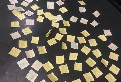 A word cloud created with post-it notes spread out on the floor. Some of the words and phrases include: roots vs. branches, rolling, rough hands, and ribcage. Image courtesy of the artist.