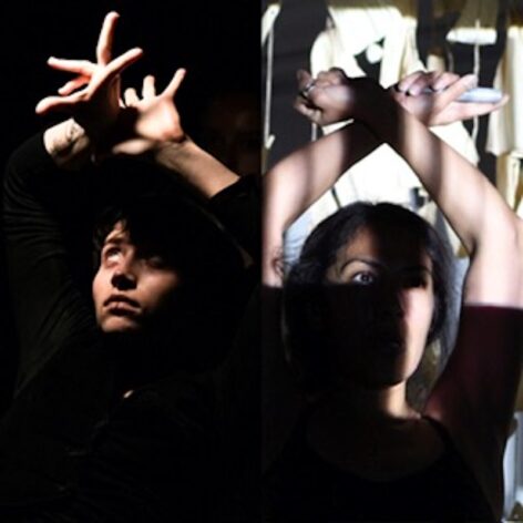 collage of two photos. Josie Kolbeck on the left and Stephanie García on the right. Both dancers hold their arms up above their heads wrists touching. Photos courtesy of the artists.