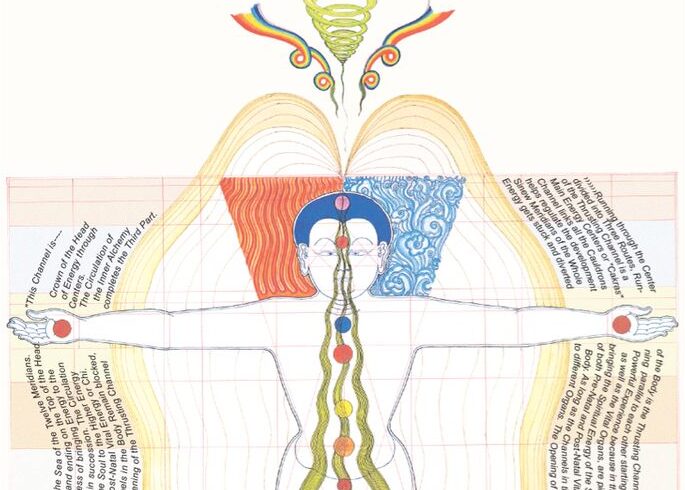 This image is a drawing by Juan Li, who drew a lot of images for Mantak Chia. It's an image of the thrusting channels, that travel up through the center of the body to connect the body both into the earth through the soles of the feet, and to the space above through the crown point at the top of the skull. The energy outside of the body spirals in green and rainbow coloring, and courses through the body and the seven chakra system.