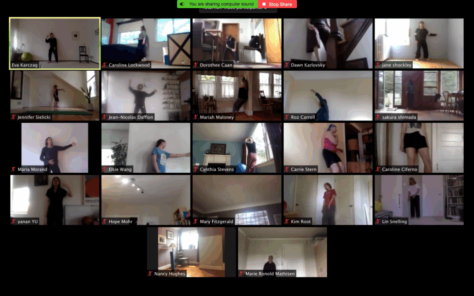 2020 MELT with Eva Karczag. A Screenshot photo by Claire Lane of dancers moving during a zoom class: Participants move about their spaces.