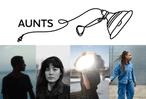 AUNTS logo. A illustration of a cliplight next to the word AUNTS. By Liliana Dirks-Goodman; followed by a collage of four teachers: Jonathan Gonzalez photo by Rudy Gerson, Jessi Cook photo provided by artist, Leslie Cuyjet photo by Sara Fox, and jess pretty photo by Niall Jones.