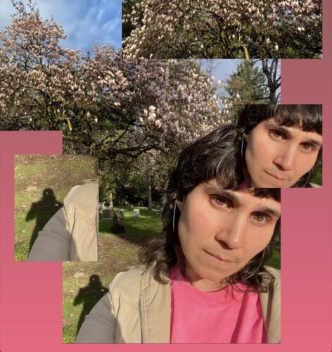 A collage of Allie's face with a pink background, blossoming trees, and Allie's shadow over her shoulder. Allie is a white woman with dark hair and eyes. Photo Credit to Allie Hankins.