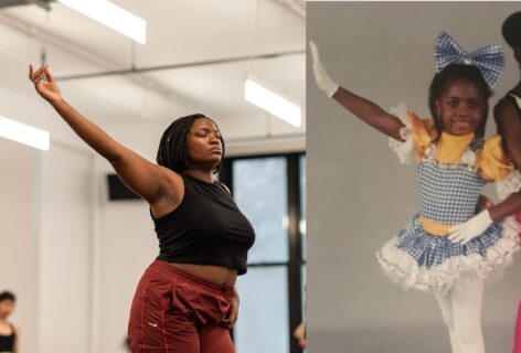 Two photos are side by side, one featuring an adult dark skinned femme with short black bob braids dancing in a studio with one arm extended to the sky. The photo next to it is the dark skinned femme as a child, wearing a blue and yellow dance recital outfit with her arm extended outwards as well. Lefthand photo by Rachel Keane and righthand photo courtesy of the artist