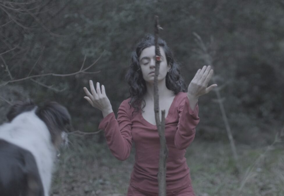 Still from research/film shot by Nadim Kamel - Natasha dancing with a branch on which an elf cup mushroom grew, in a forest in Mount Lebanon - Spring 2024